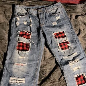 Plaid embellished jeans